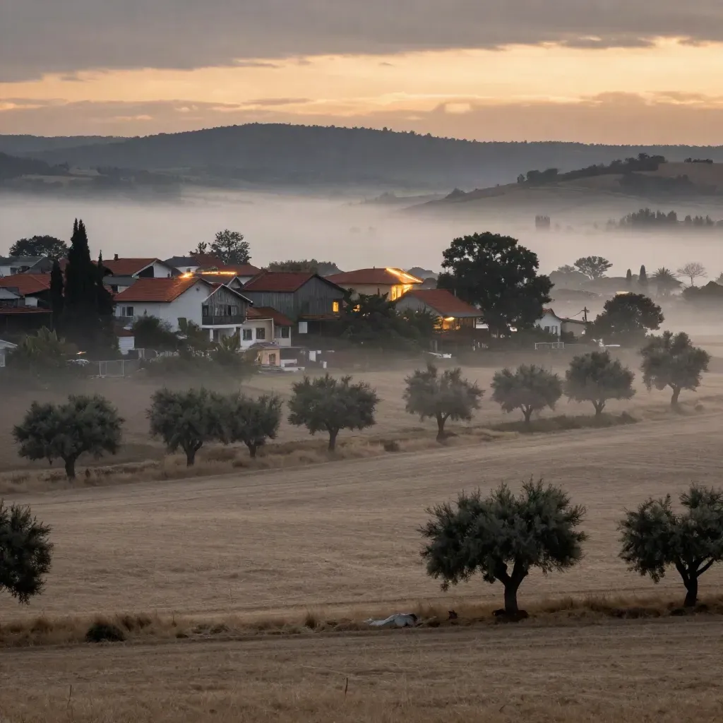 Misty South Metro valley edge with rooftops, river trees, and sunset hills.