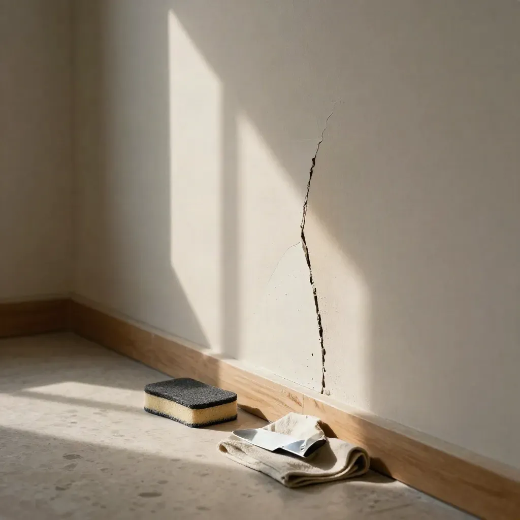 Repaired drywall seam with compound, sanding dust, and tools in warm window light.