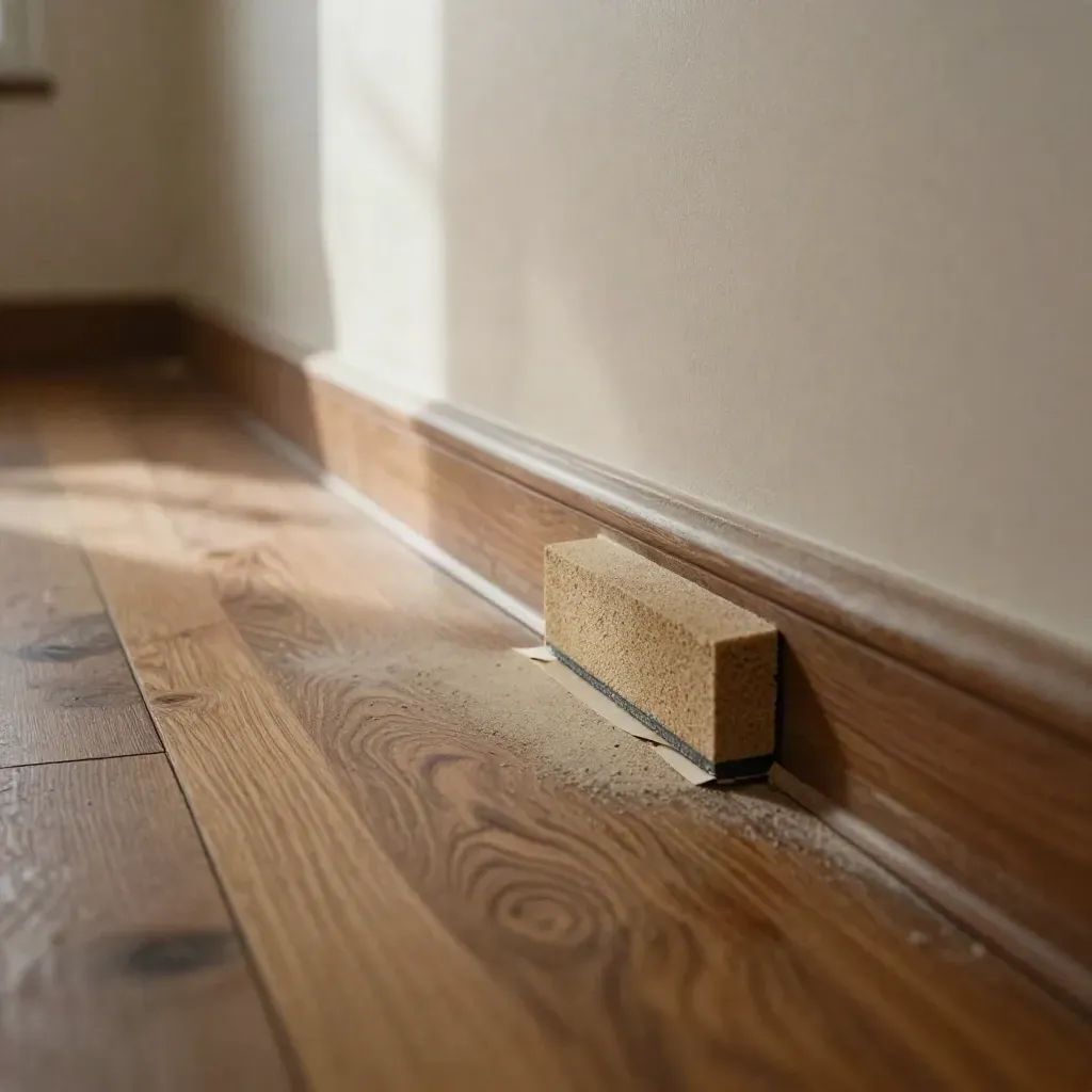 Masked baseboards, sanding block, and a fresh caulk bead along a hallway edge.