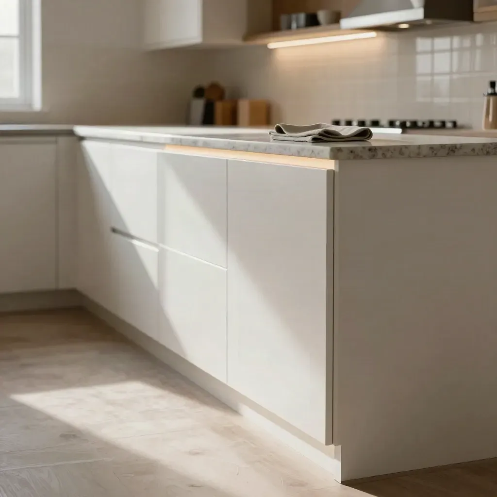 Satin-white refinished kitchen cabinets beside masked appliances and protected counters in warm daylight