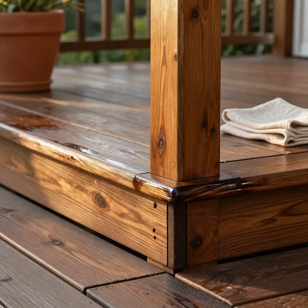 Stained deck corner with rails, a darker sealed step, and terracotta accents in warm light.