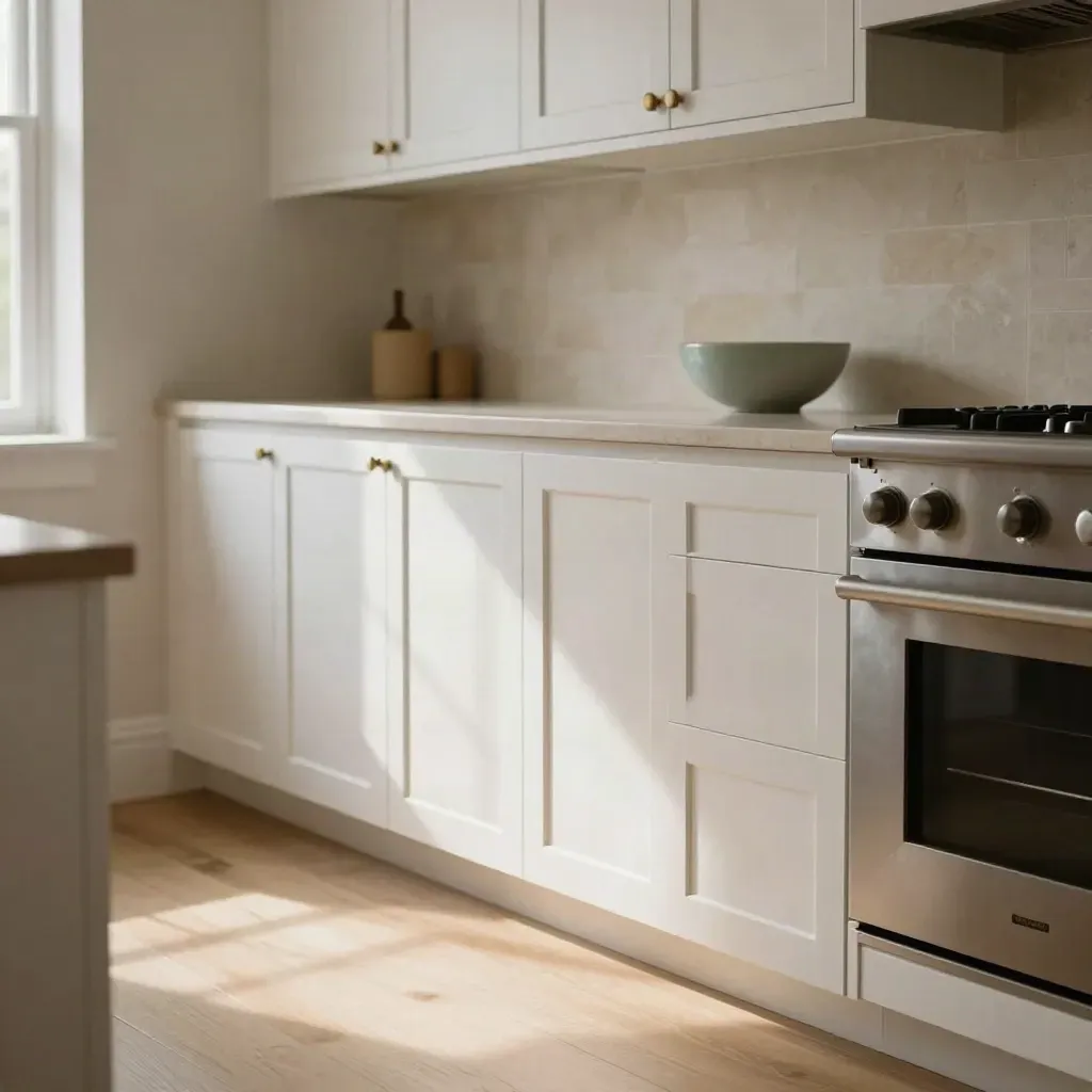 Freshly painted white kitchen cabinets with a subtle satin sheen and sage accent bowl.
