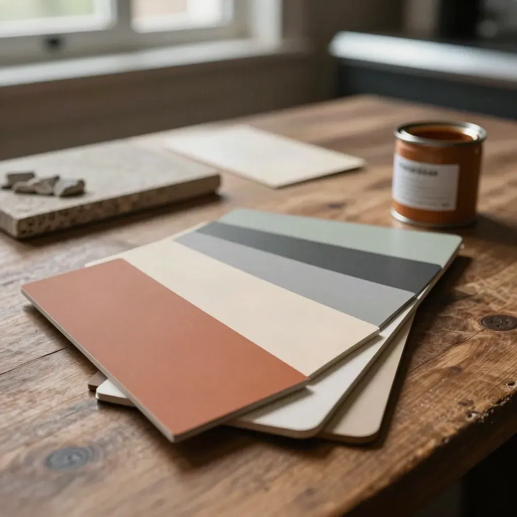 Color consultant sample boards, stone chips, and a satin paint tin on a walnut workbench.