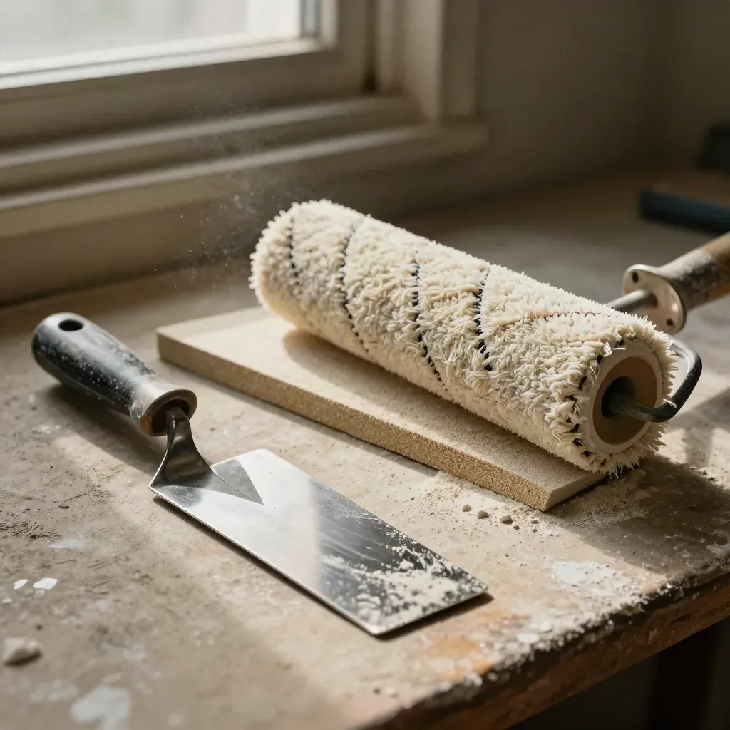 Worn painting tools: putty knife, sanding block, and roller sleeve on a dusty workbench.