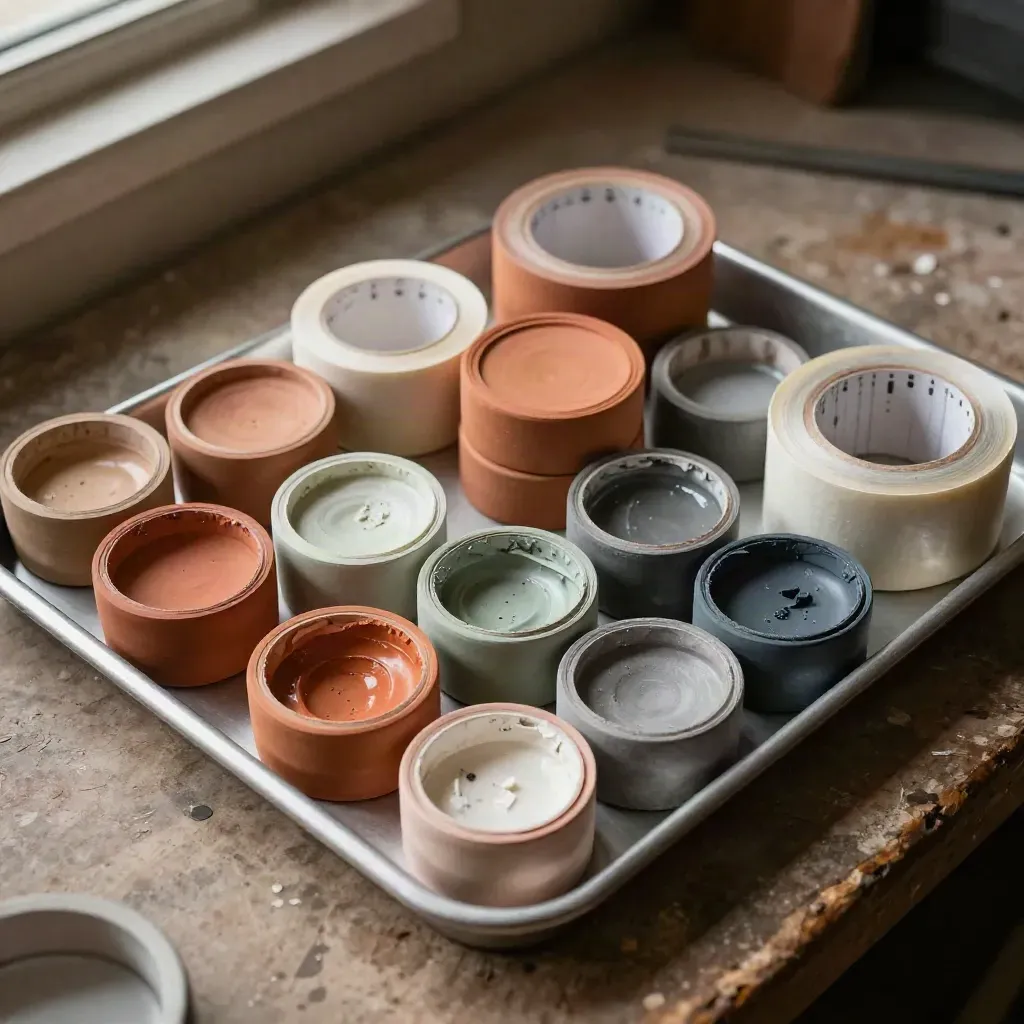 Overhead paint lids, masking tape rolls and a swatch ring on a tray in warm daylight.