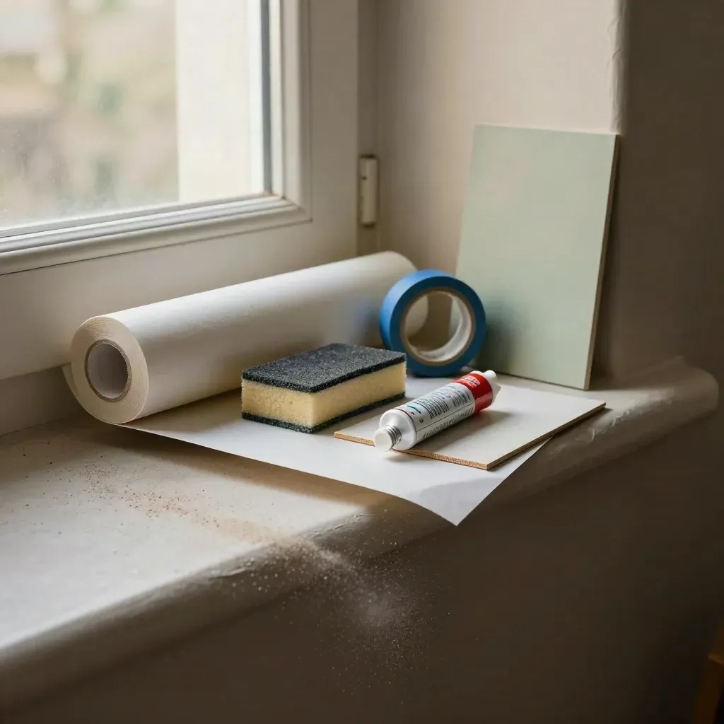 Prep kit with masking paper, blue tape, sanding sponge, caulk tube and door casing sample on plaster.