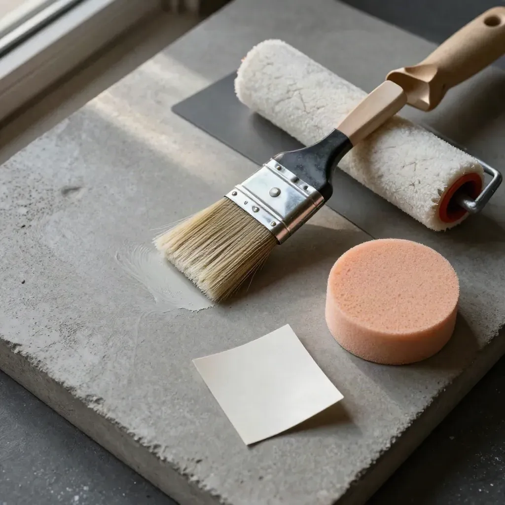 Overhead paint touch-up flatlay with brush, mini roller, sponge, and satin sample chip on concrete.