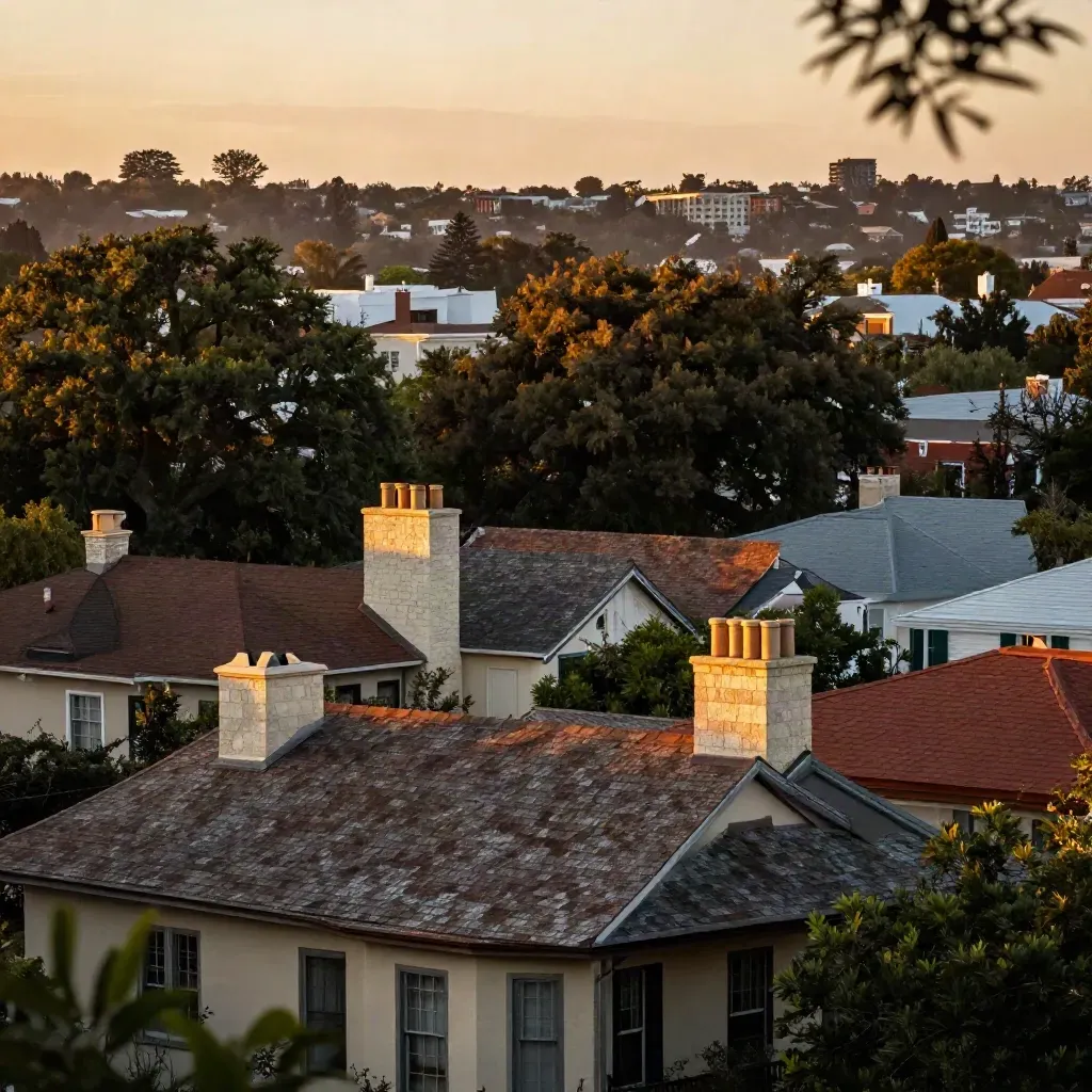 Historic Central Austin rooftops and live oaks glowing at dusk above a calm hazy foreground.